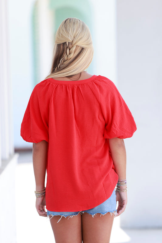 Tomato Red Puff Sleeve V Neck Top