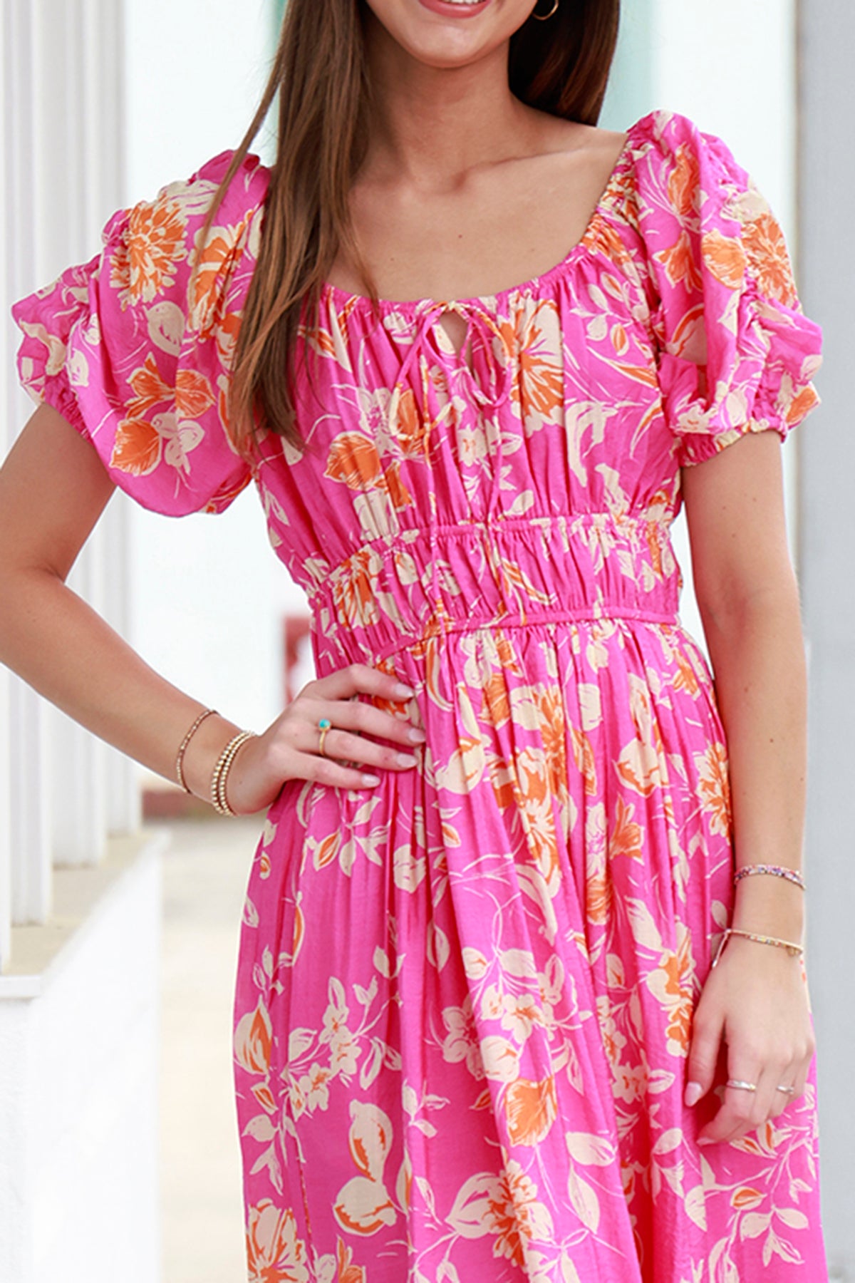 Hot Pink Shirred Waist Midi Dress