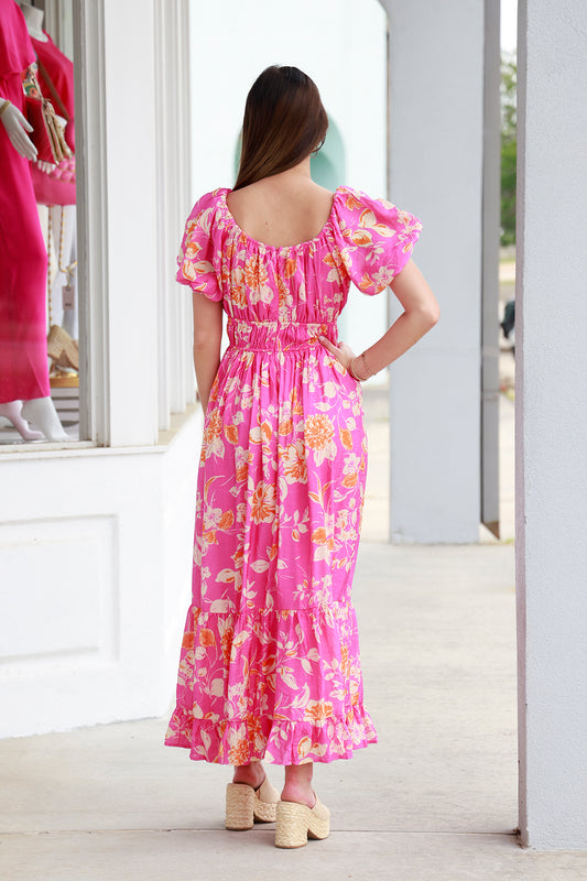 Hot Pink Shirred Waist Midi Dress