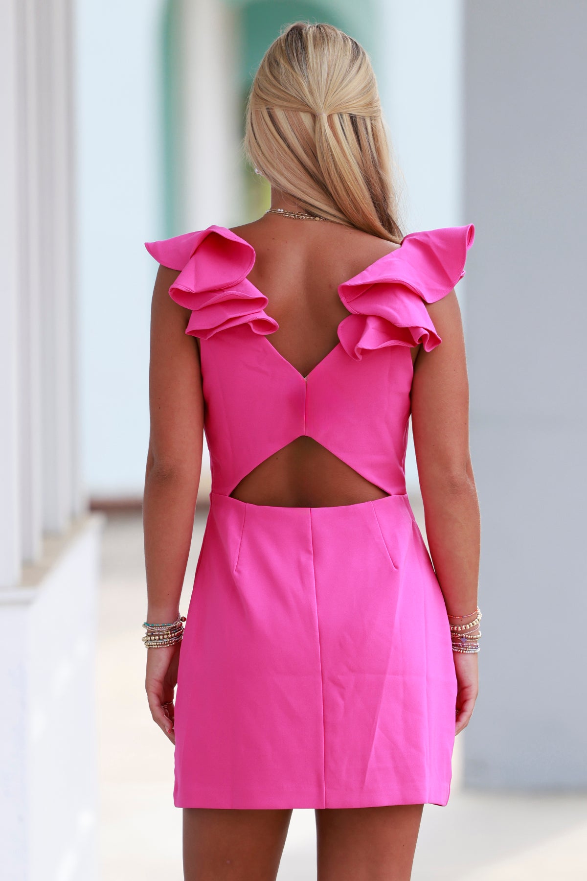 Pink V Neck Ruffle Sleeve Dress