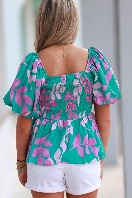 Seafoam Multi Leaf Print Babydoll Blouse