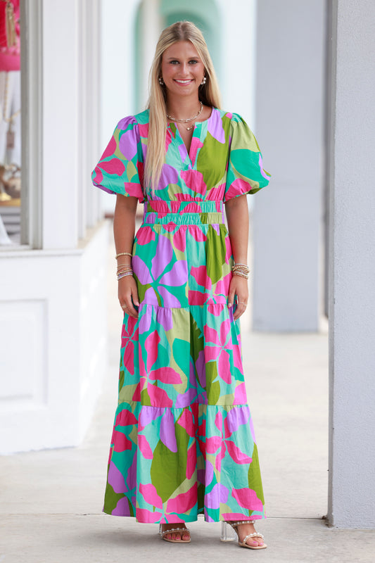 Fuchsia/Mint Cotton Floral Midi Dress