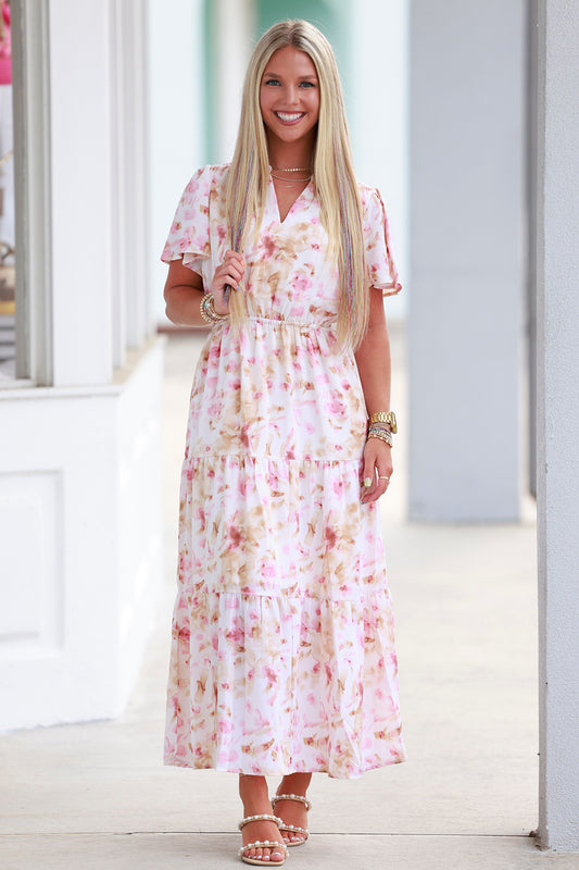 Pink Flower Print Flutter Sleeve Maxi Dress