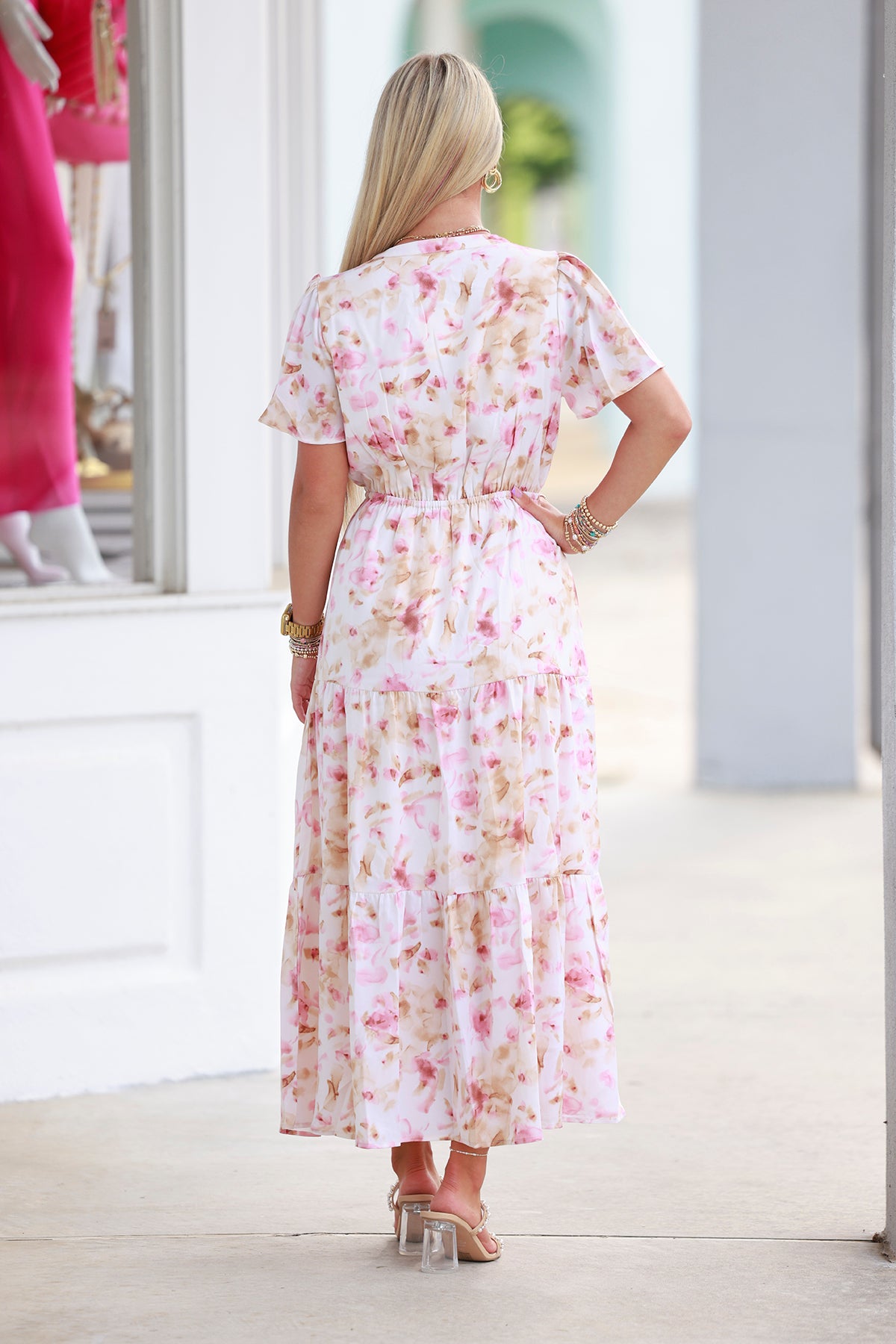 Pink Flower Print Flutter Sleeve Maxi Dress