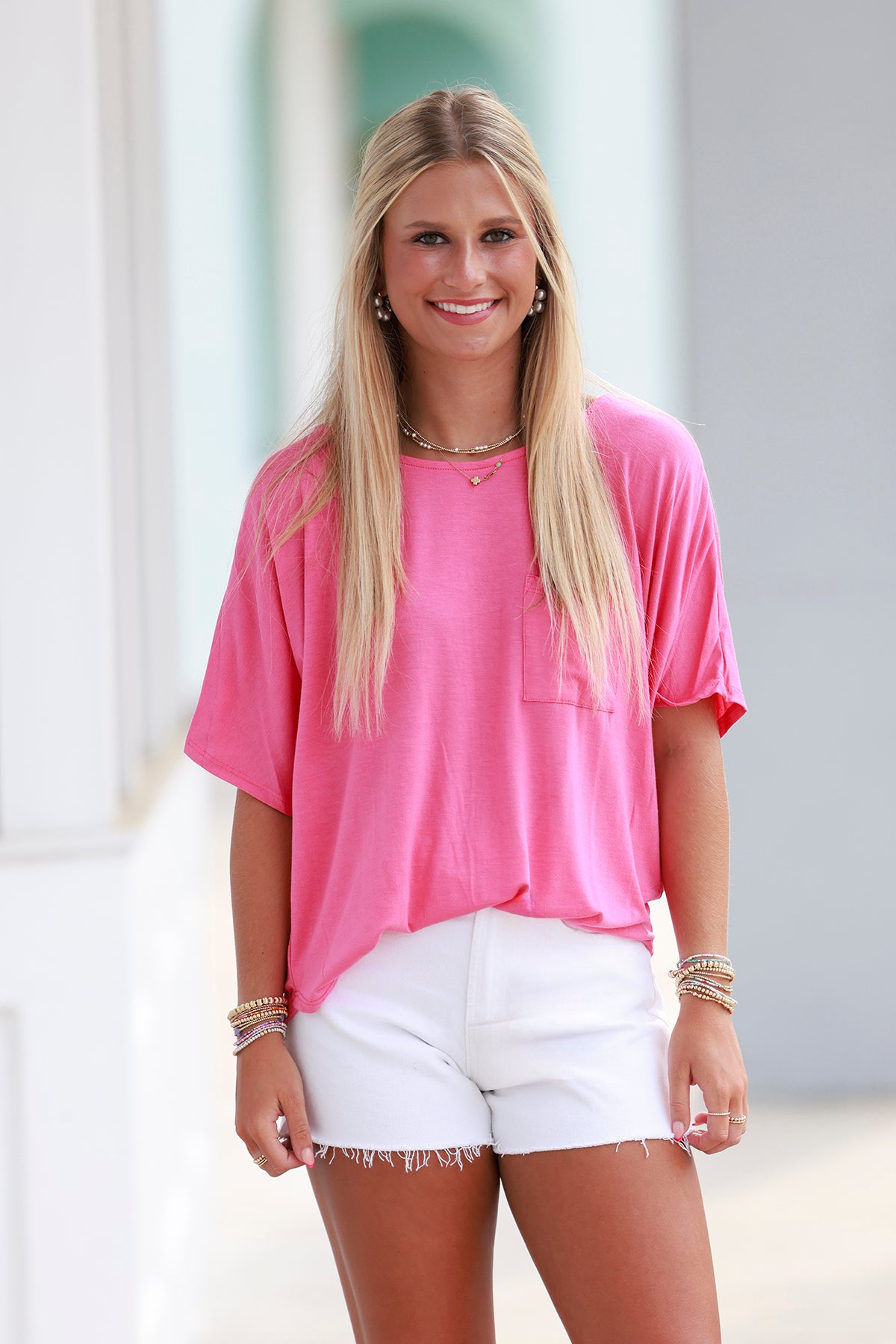 Flamingo Pink Round Neck Dolman Top