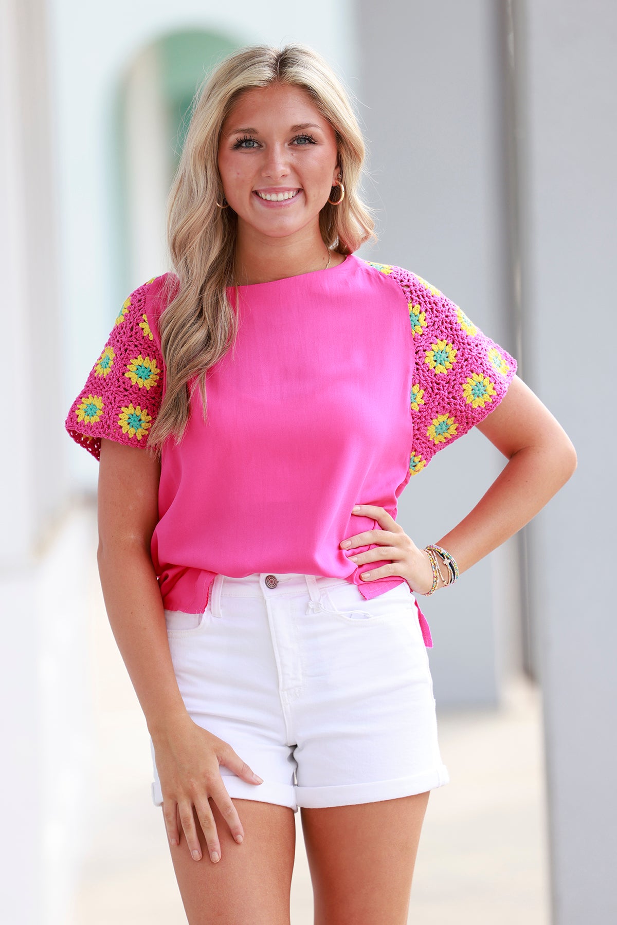 Fuchsia Crochet Raglan Sleeve Top