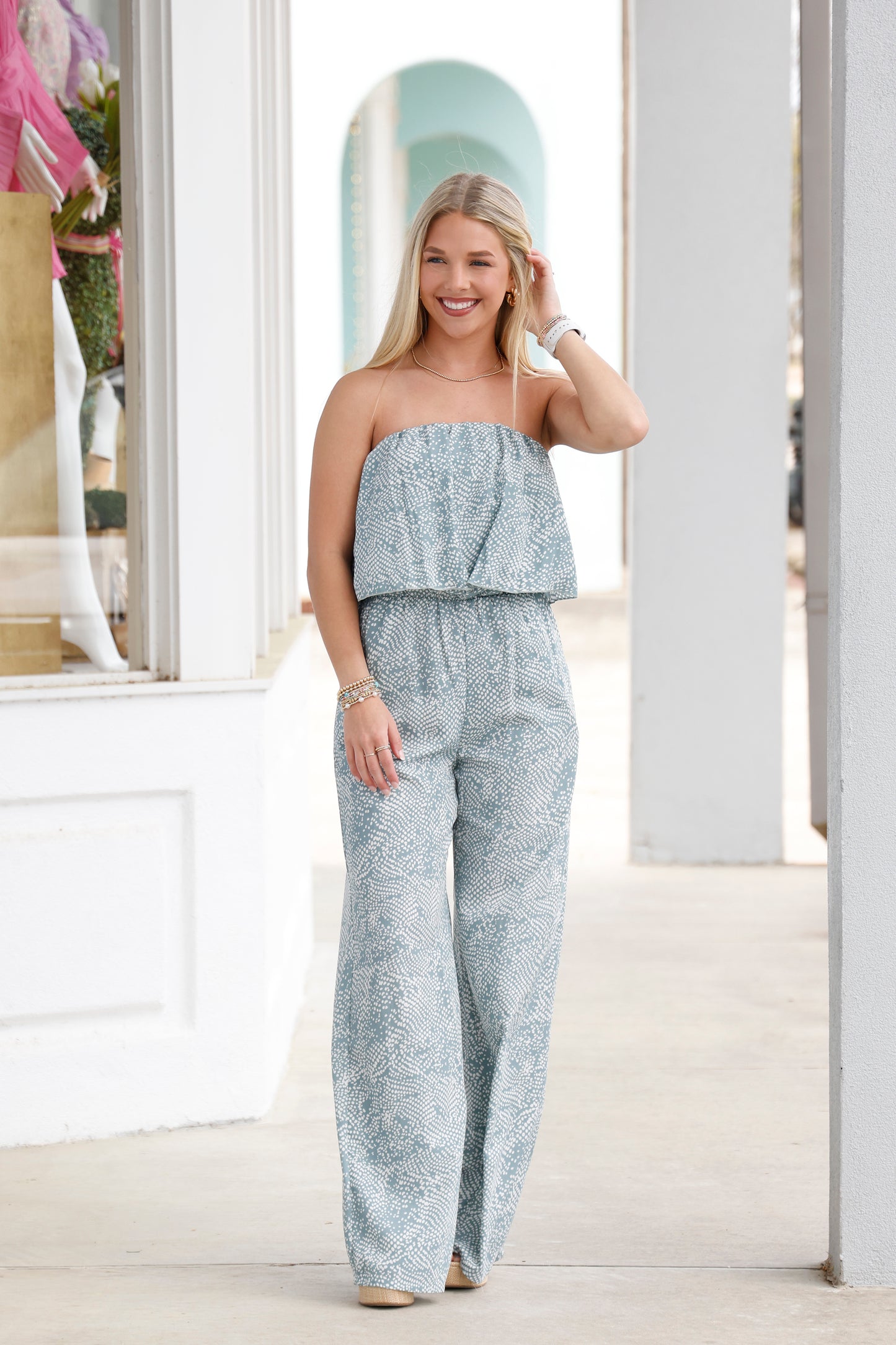 Modern Dot Print Strapless Jumpsuit