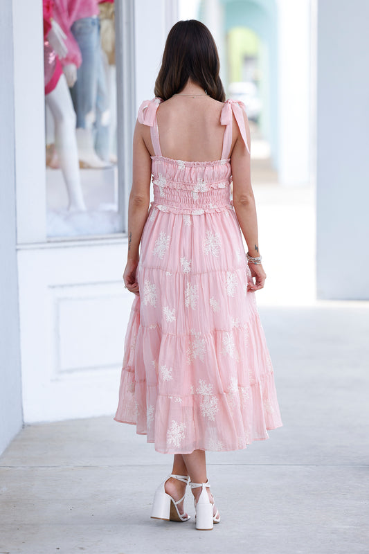 Icy Blush Embroidered Tiered Maxi Dress