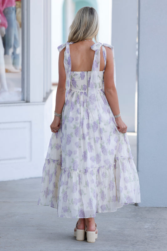 Lavender Ruched Tiered Midi Dress With Tie Shoulder