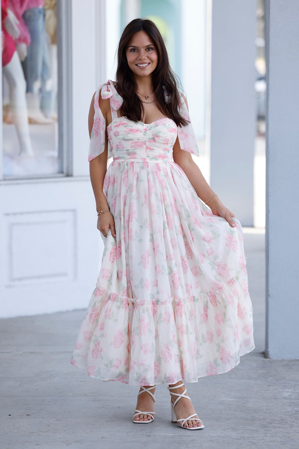 Pink Ruched Tiered Midi Dress with Tie Shoudler