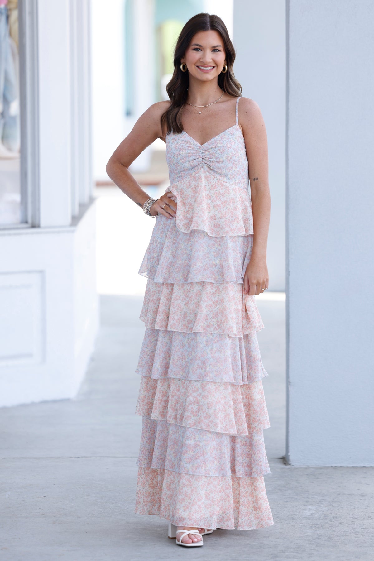 Pastel Floral Tiered Maxi Dress With Smocked Back