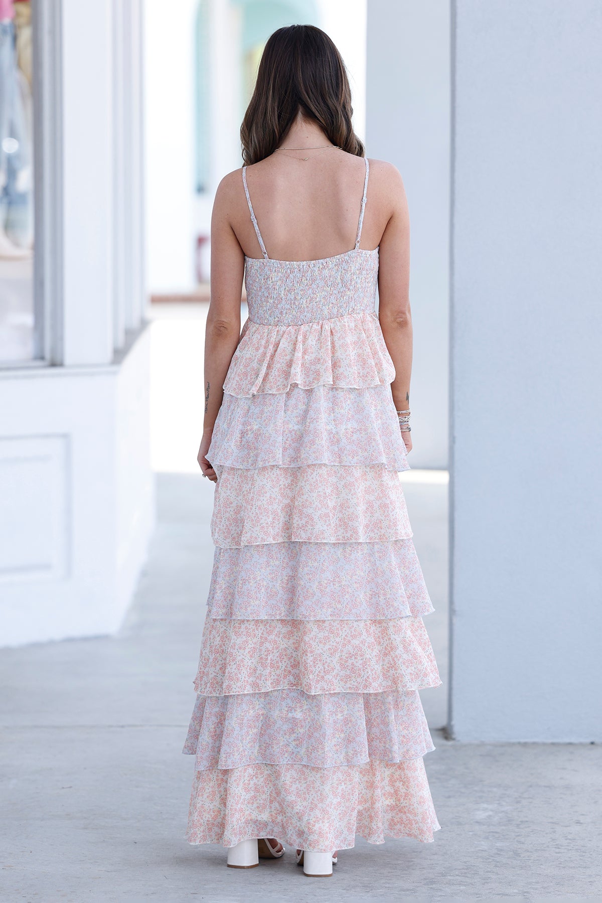 Pastel Floral Tiered Maxi Dress With Smocked Back