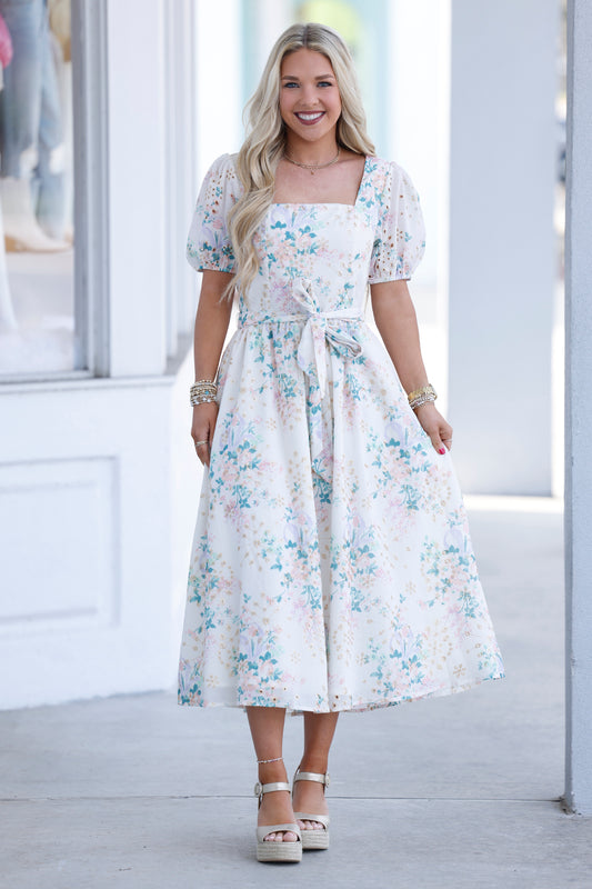 Gold Eyelet Floral Midi with Waist Belt