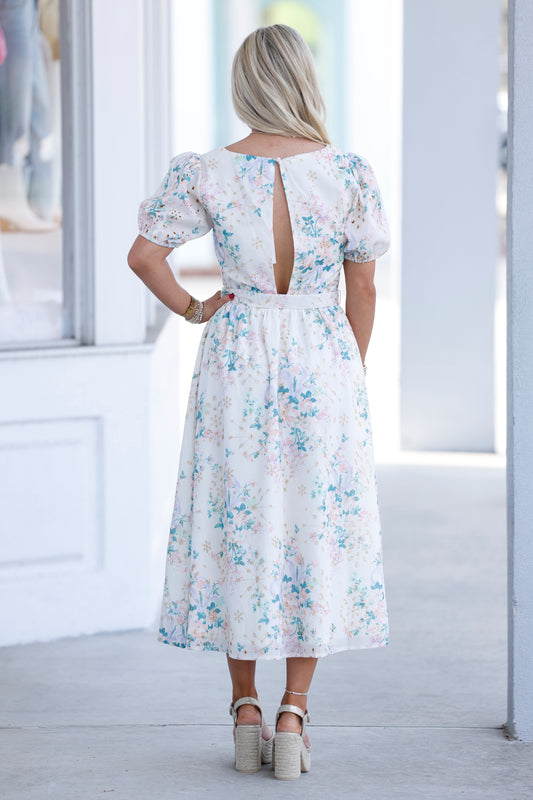 Gold Eyelet Floral Midi with Waist Belt