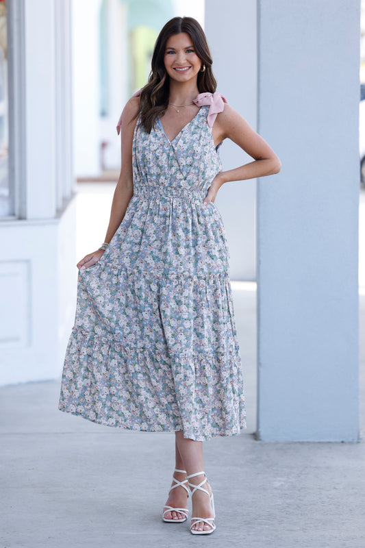 Dusty Blue Crinkled Floral Midi Dress