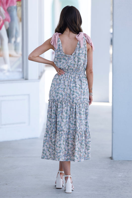 Dusty Blue Crinkled Floral Midi Dress