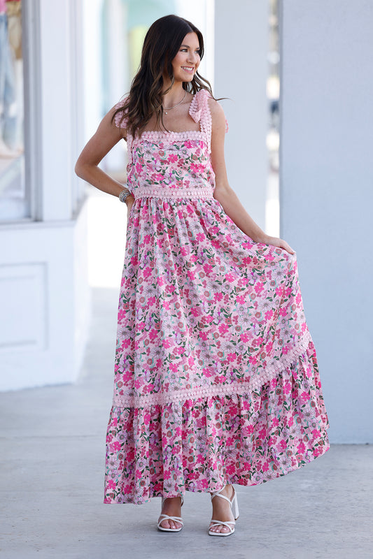 Pink Combo Floral Maxi Dress With RIbbon Tie