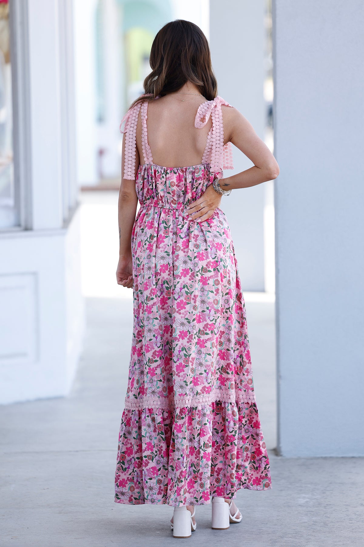 Pink Combo Floral Maxi Dress With RIbbon Tie