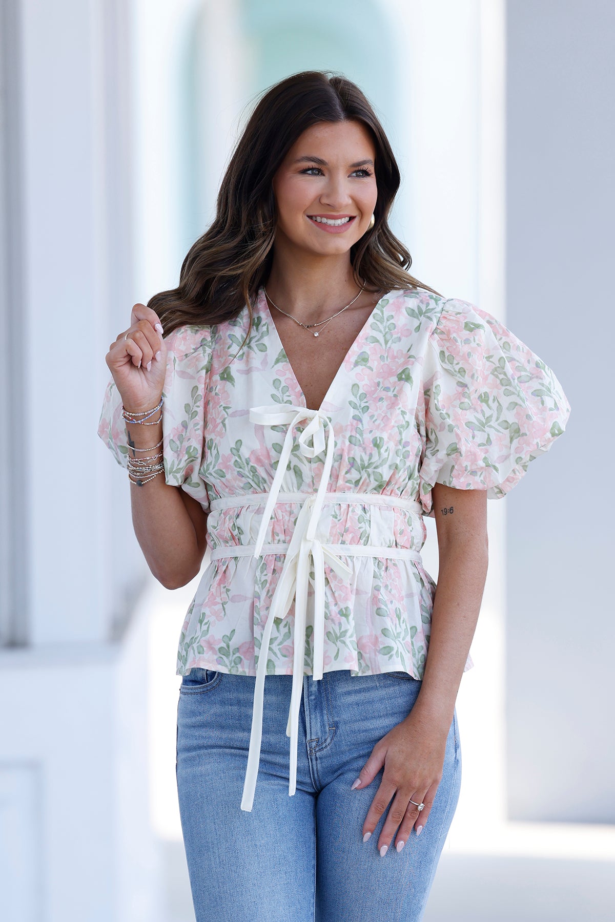 Pink Floral Puff Sleeve Top