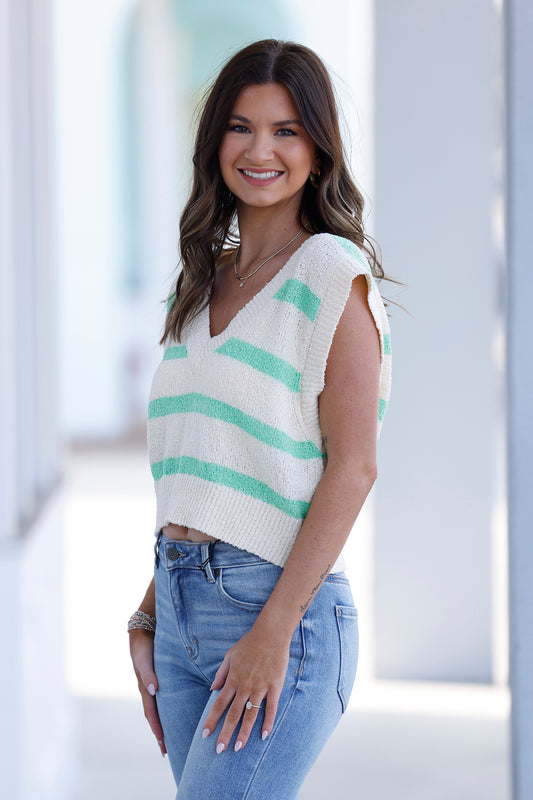 Cream Green Stripe Sweater Vest