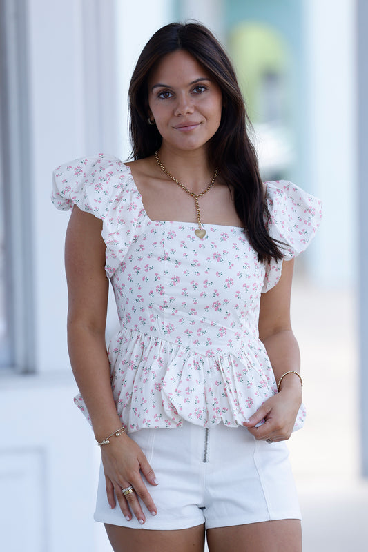 Pink Cotton Poplin Floral Bubble Peplum Top