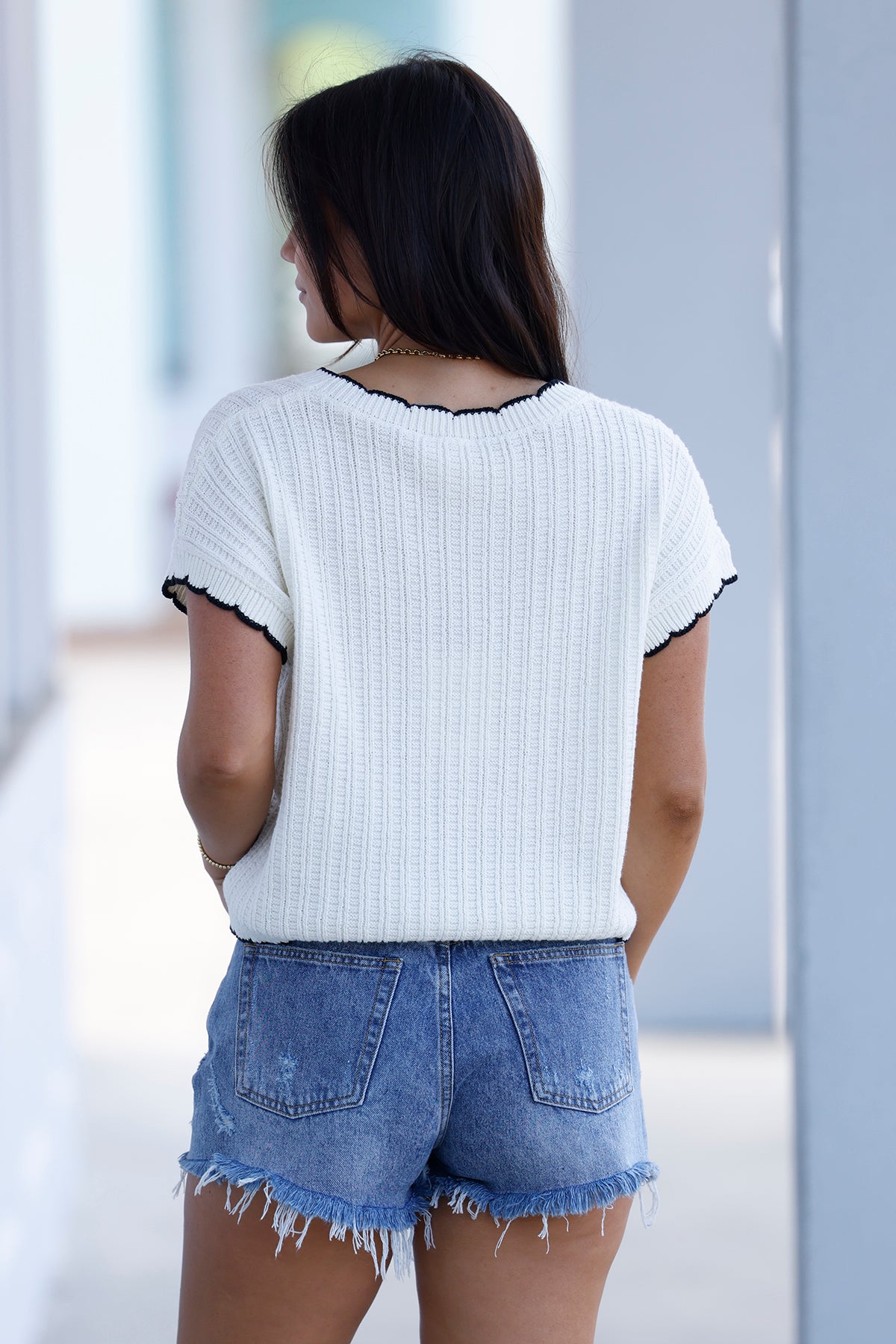 White/Black Scalloped Edge Sweater Top