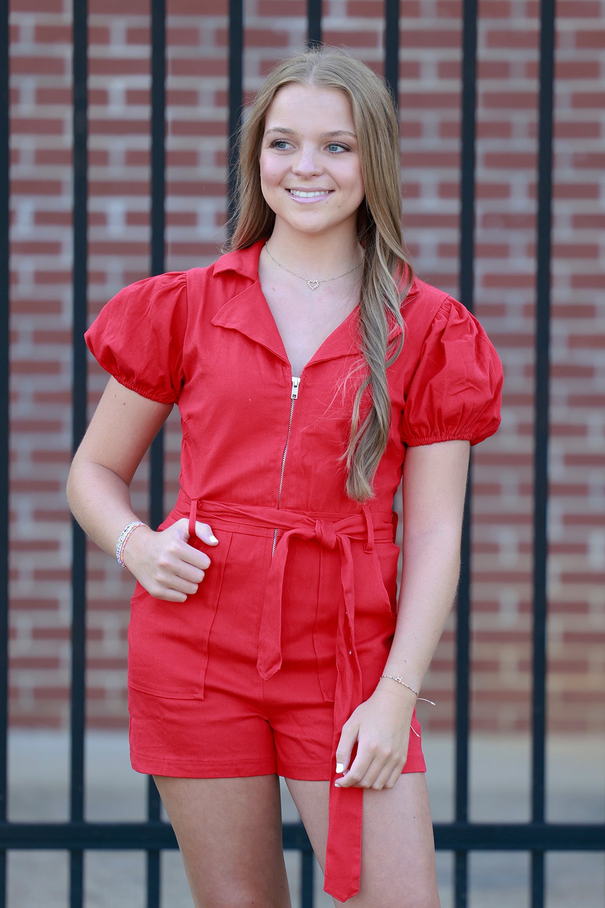 Red Denim Zip Romper W Puff Sleeves