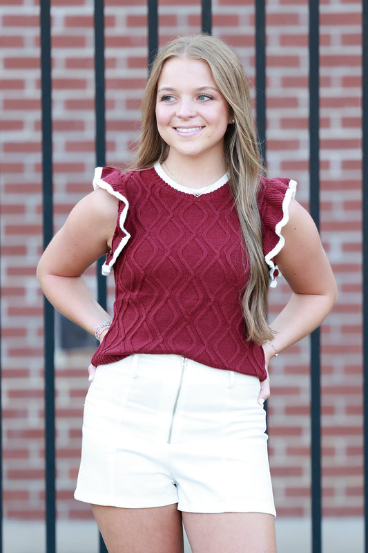 Maroon Ruffle Sleeve Sweater