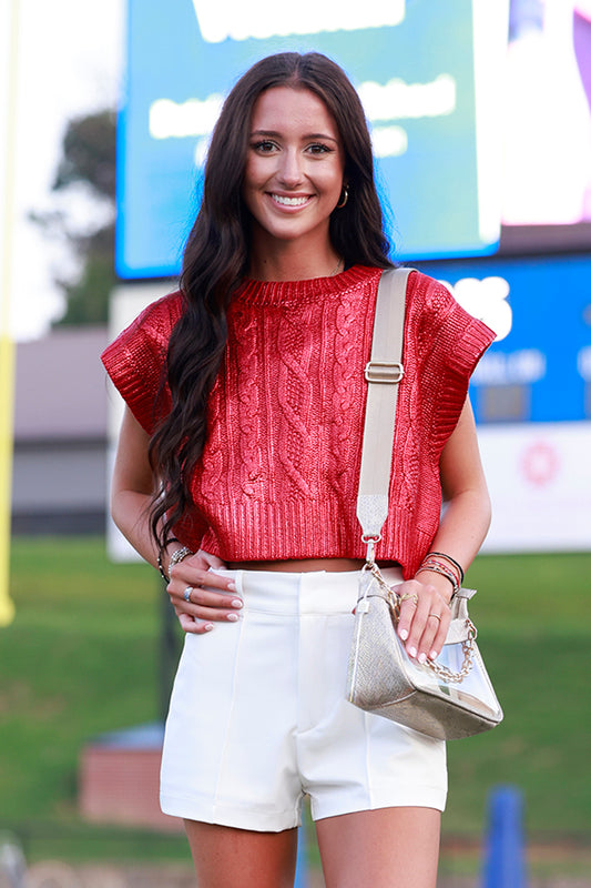 Red Metallic Cropped Sweater