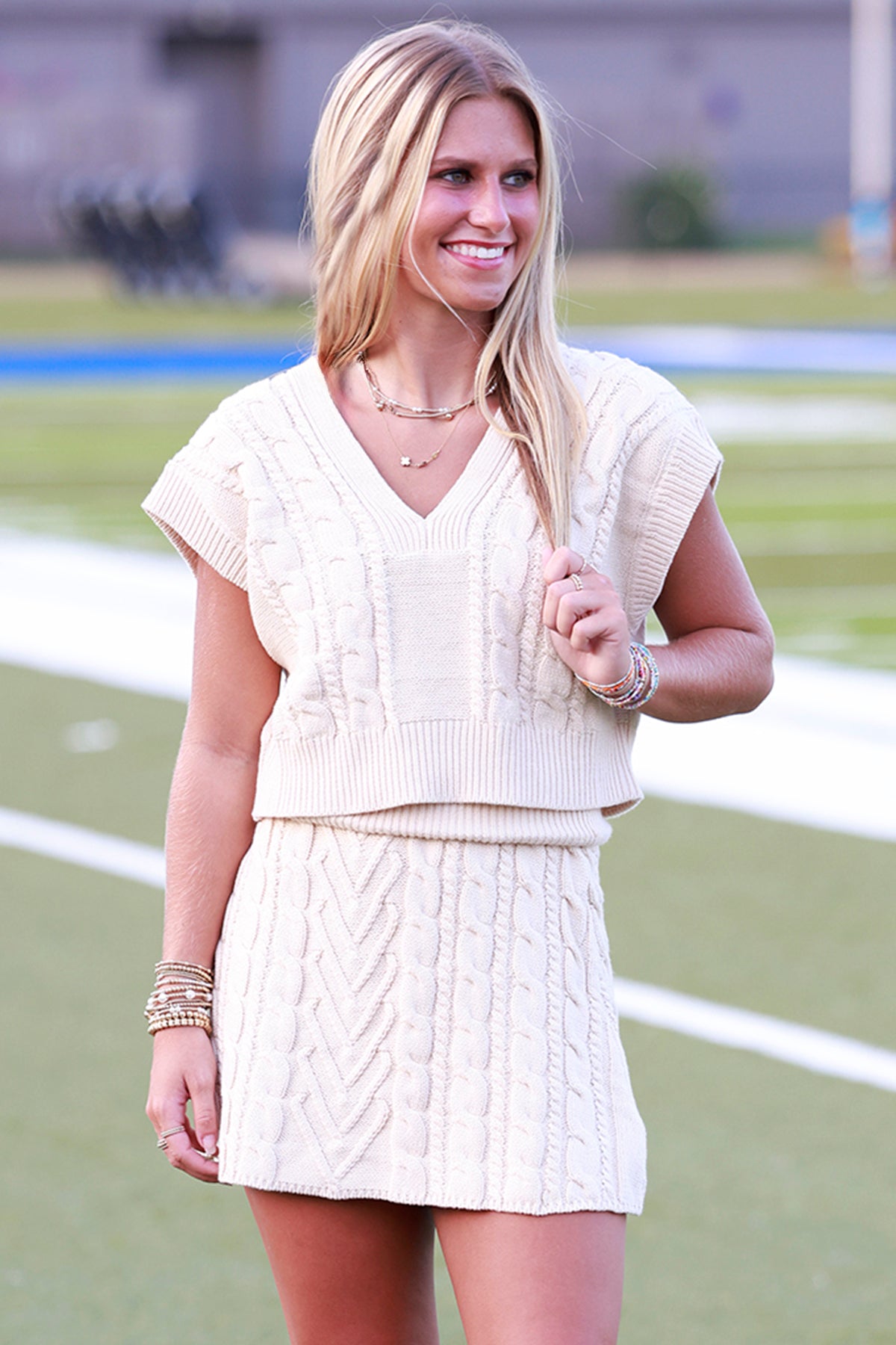 Cream V Neck Sweater Set