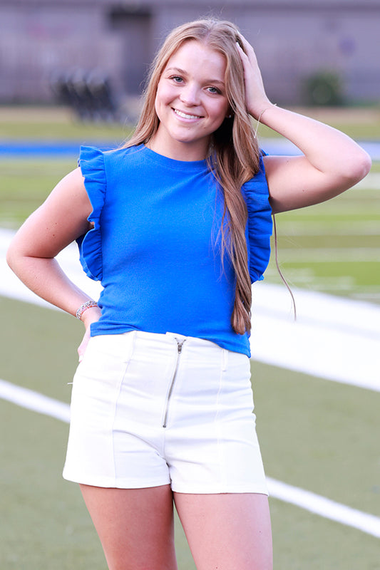 Blue Ruffle Cap Sleeve Top