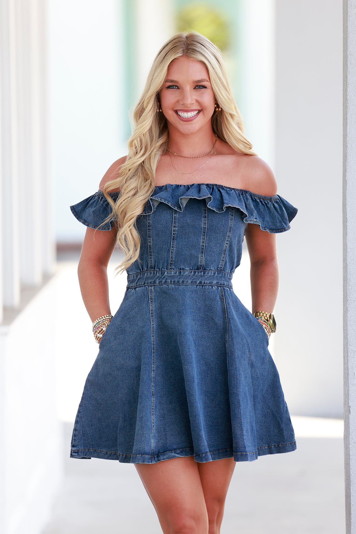 Denim Ruffle Shoulder Dress