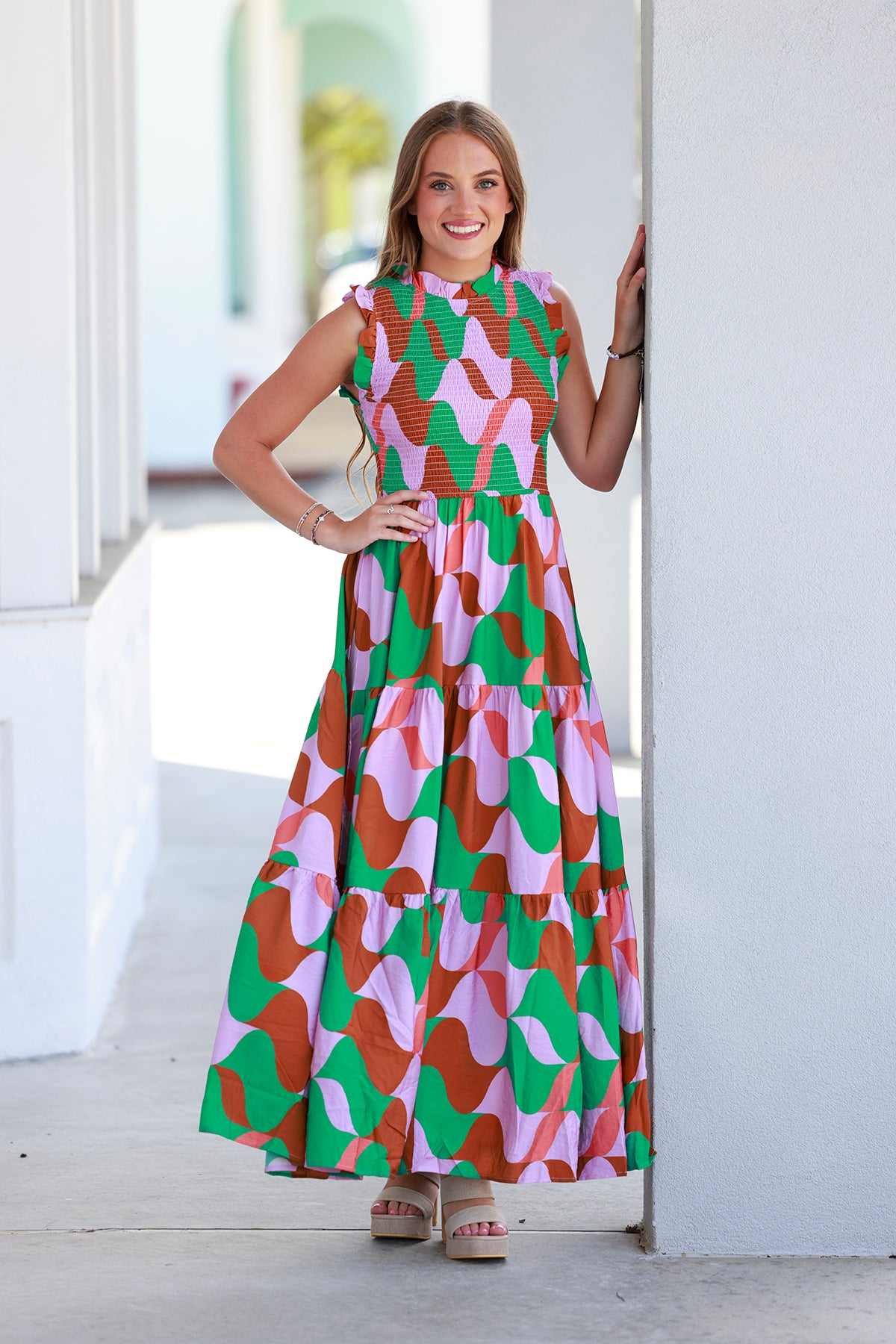 Nylon Print Ruffle Neck Maxi