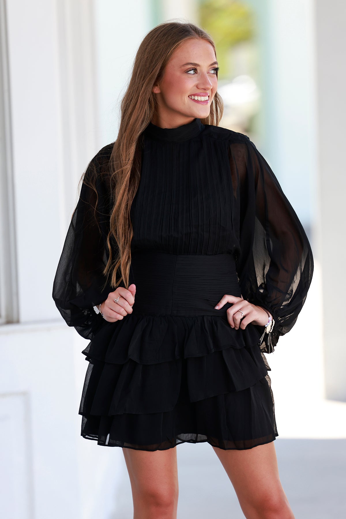 Black Pleated Tiered Dress