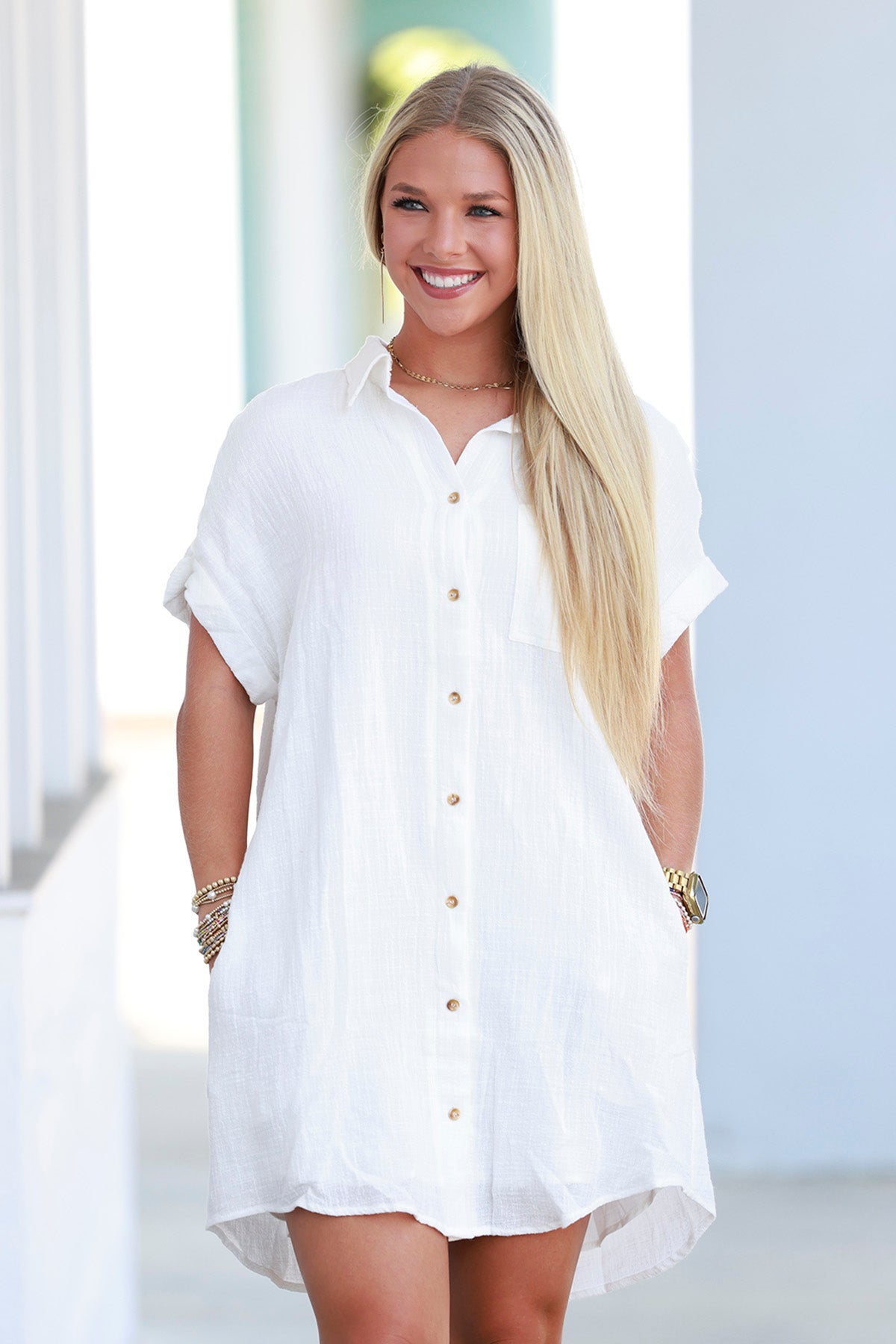 Ivory Button Down Shirt Dress