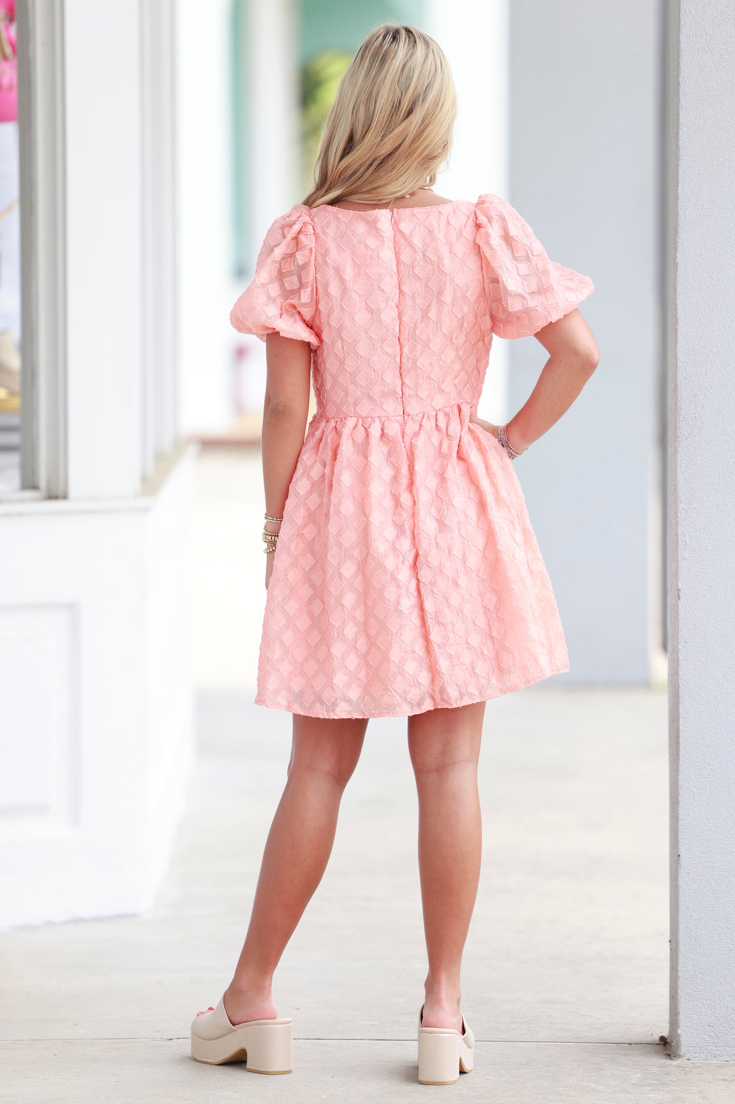 Rose Coral  Puff Sleeve Dress