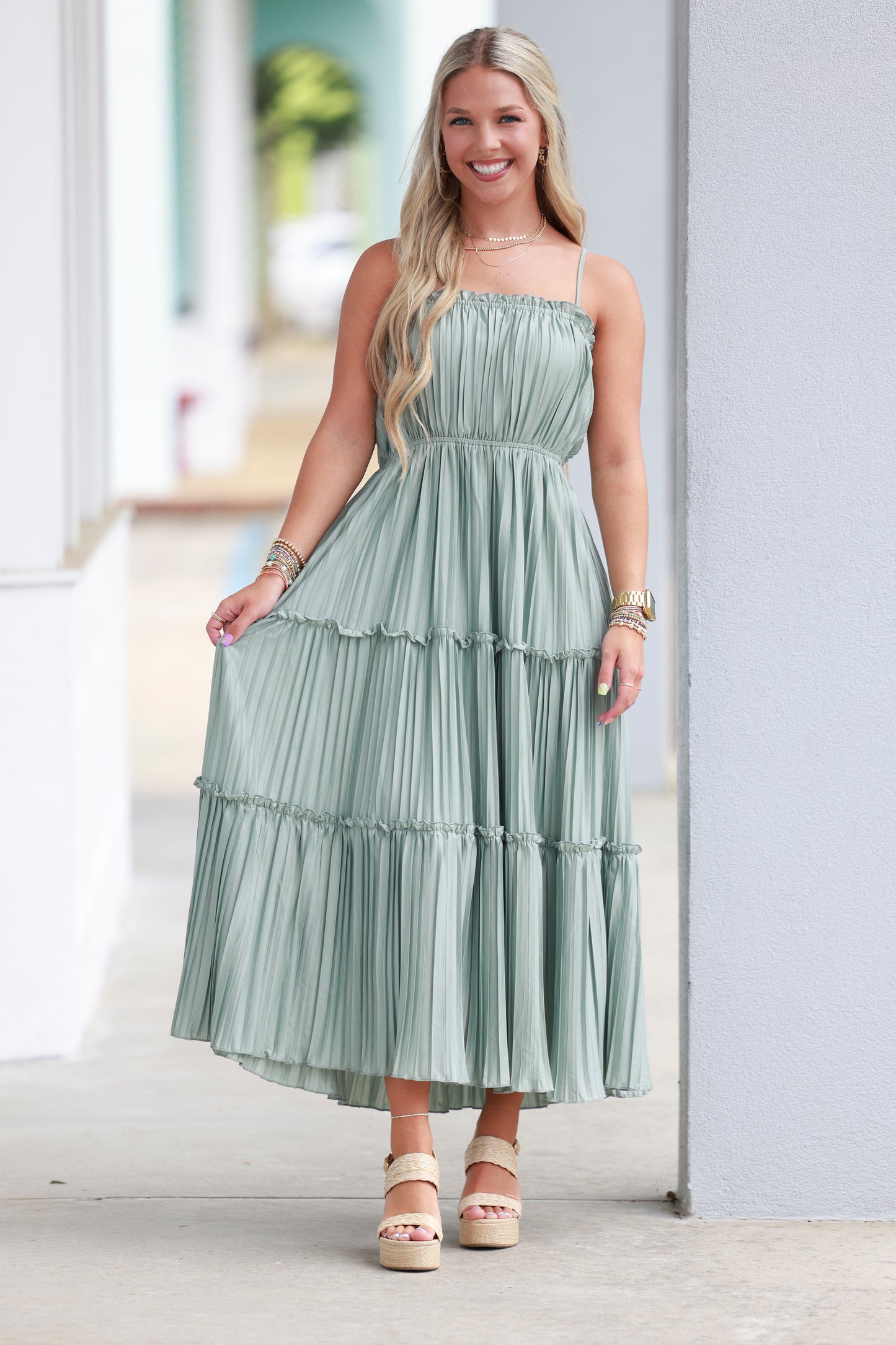 D. Sage Pleated Tiered Maxi Dress