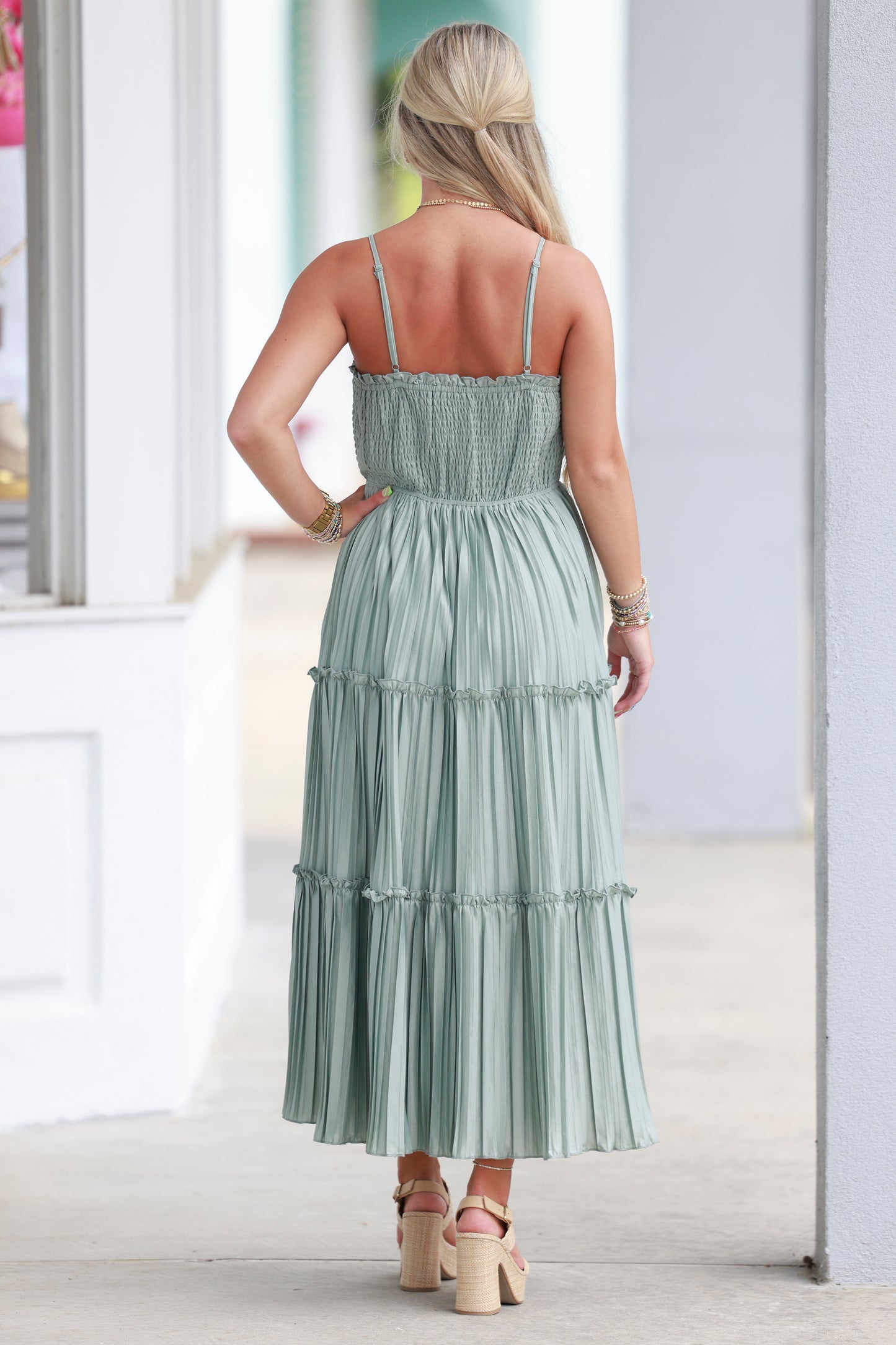 D. Sage Pleated Tiered Maxi Dress