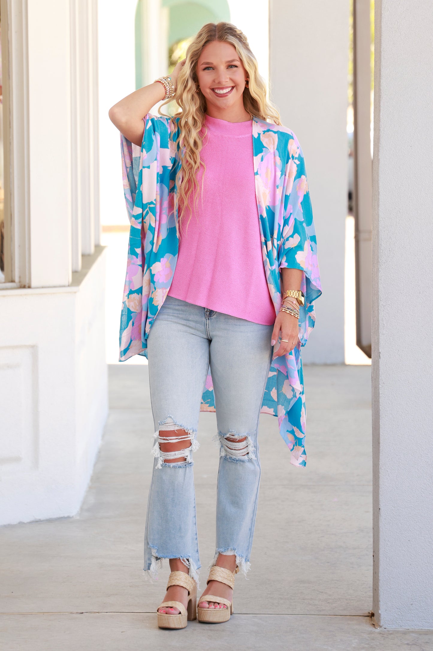 Aqua Floral Half Sleeve Kimono