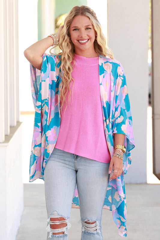 Aqua Floral Half Sleeve Kimono