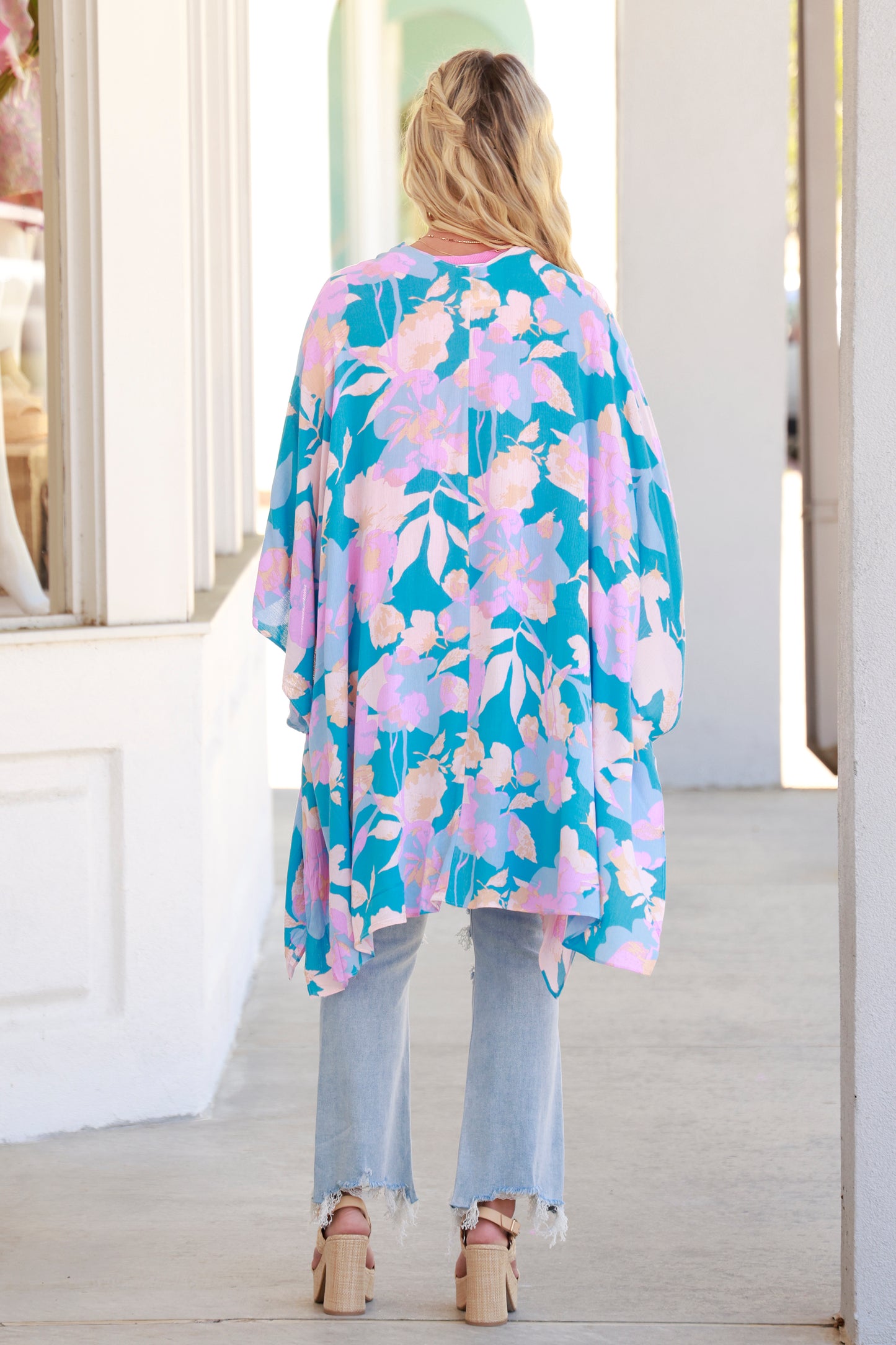 Aqua Floral Half Sleeve Kimono