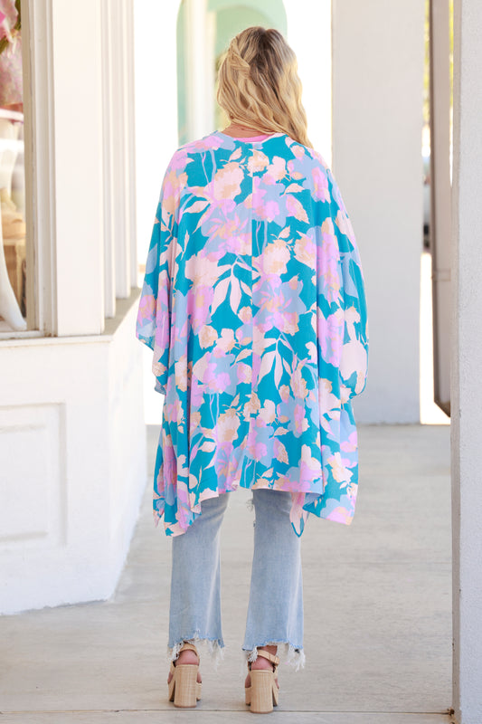 Aqua Floral Half Sleeve Kimono