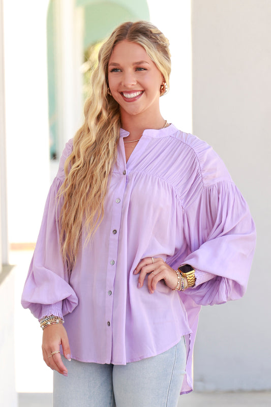 Lavender Solid V-neck Button Up Long Sleeve Top Featuring Pleated Detail