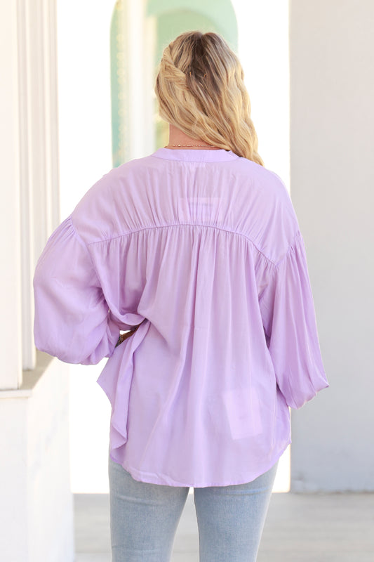 Lavender Solid V-neck Button Up Long Sleeve Top Featuring Pleated Detail