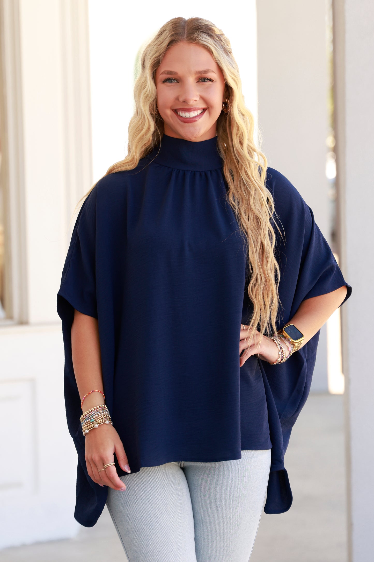 Navy Solid Turtle Neck Half Sleeve Top