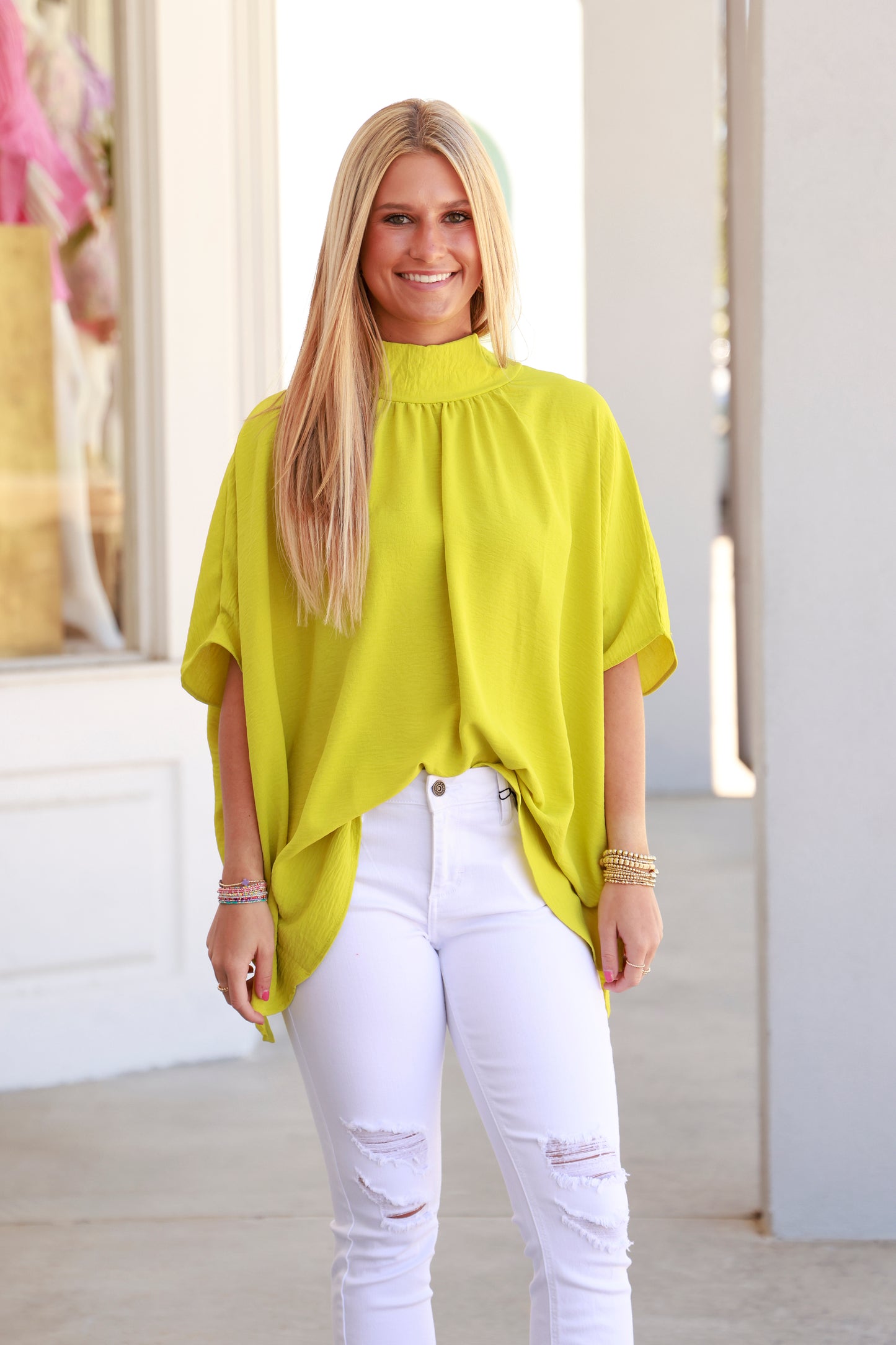 Chartreuse Solid Turtle Neck Half Sleeve Top