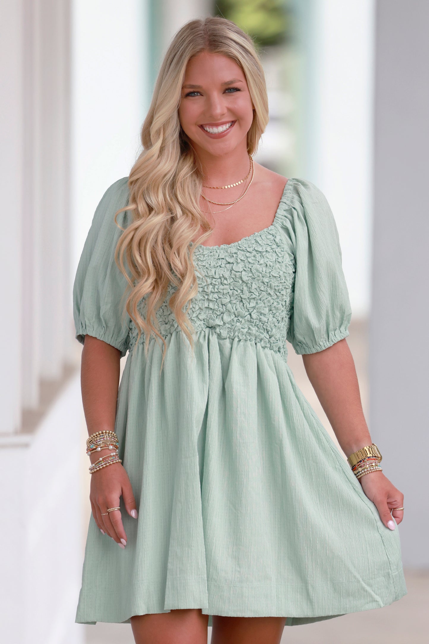 Dusty Mint Puff Sleeve Dress