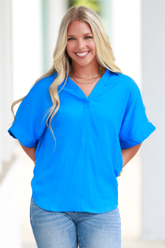 Royal Blue Collared Blouse Top