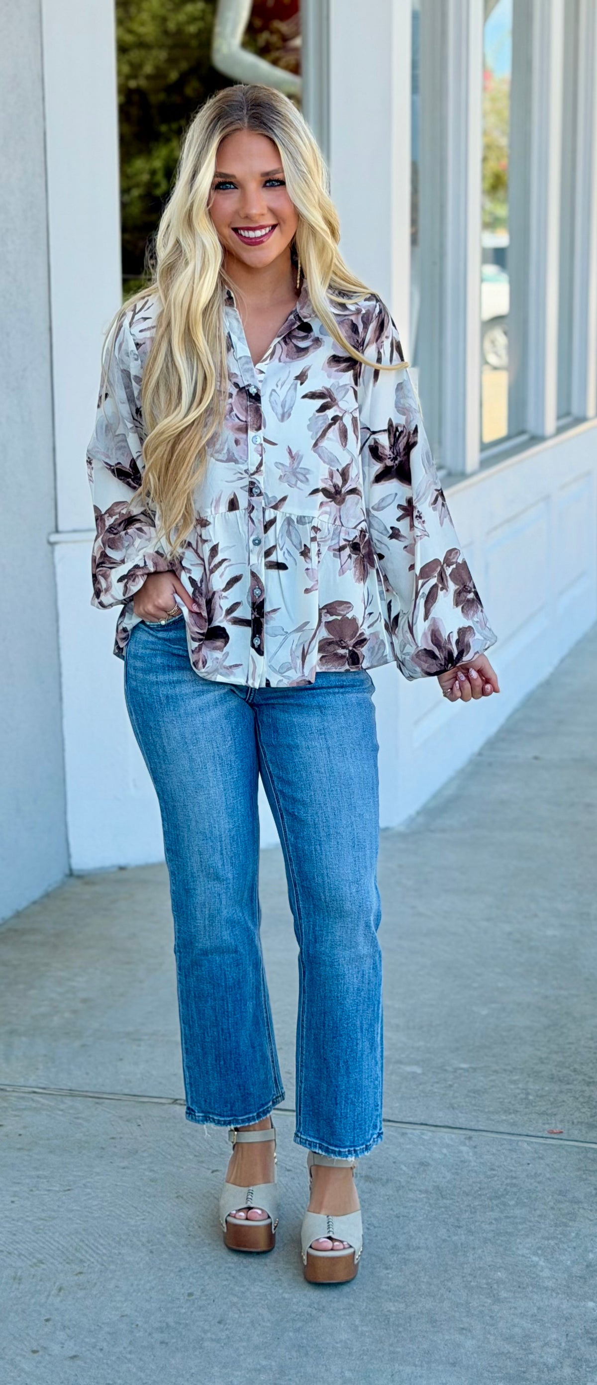 Cream Woven Print Collared Button Down Top