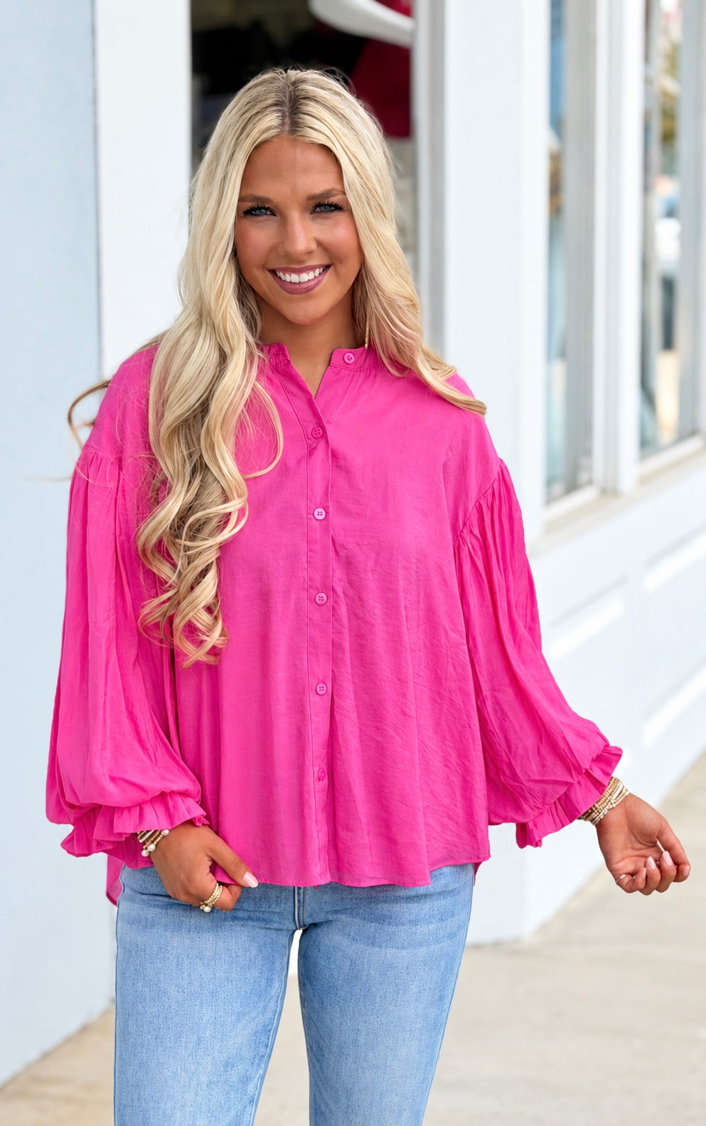 Puff Sleeve Button Down Shirt, Fuchsia
